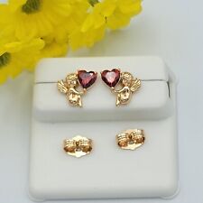 18k Gold Plated Unique Little Angel With Red Heart Crystal Stud Earrings.