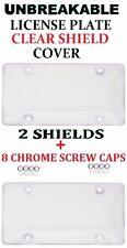 2 Universal Unbreakable Clear License Plate Shield Covers 8 Chrome Screw Caps