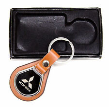 New Mitsubishi Keychain Round Metal Leather Badge Key Fob Keyring Car Gift Box