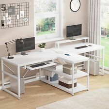 94.5 Home Office Desks Two Person Desk With Monitor Stand Corner Workstation