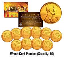 Lincoln Head 195040s Wheat Cent Pennies U.s. Coins 24k Gold Plated Lot Of 10