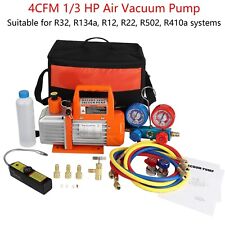 4cfm 13hp Air Vacuum Pump And Ac Manifold Gauge Set W Leak Detector Carry Bag
