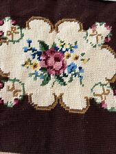 Vtg Finished Needlework Brown Pink Floral Tapestry Chair Seat Pillow Stool Cover