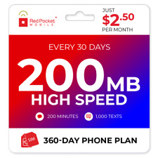 2.50mo Red Pocket Prepaid Plan 200 Talk 1000 Text 200mb
