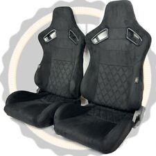 Pair Bb6 Rs Black Suede Alcantara Diamond Stitch Reclining Bucket Sports Seats