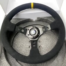 Reinforced 350mm 3 Deep Dish Steering Wheel Black Suede Yellow Center Stripe