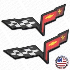 2x For 05-13 C6 Corvette Front Hood Rear Crossed Flags Badge Emblem Black Sport