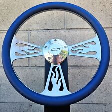 14 Billet Flame Steering Wheel With Blue Vinyl Wrap And Chevy Horn Button