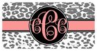 Personalized Monogrammed License Plate Auto Car Tag Leopard Gray Coral Cheetah
