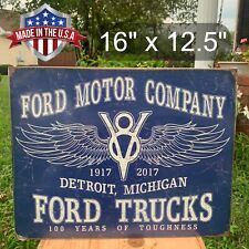 Ford Motor Company Tin Metal Sign 100 Years Trucks Vintage Winged Logo Garage
