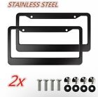 2pcs Black Metal License Plate Frame Tag Cover Screw Caps Stainless Steel New