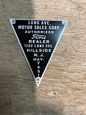 Vintage Ford Car Dealer Metal Nameplate Emblem Badge Long Ave Sales Hillside Nj