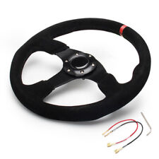 Car Red 14 Inch 350mm Racing Steering Wheel Suede Leather Flat With Horn Button