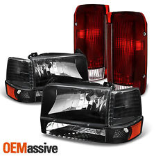 For 1992-96 Ford F150 F250 F350 Bronco Black Headlightsdark Red Tail Lamps Pair
