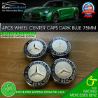 4x Mercedes Benz Wheel Center Caps Dark Blue Emblem 75mm Amg Wreath Hubcaps Set