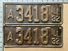 1932 Illinois Truck License Plate Pair A 3418 Yom Dmv Ford Chevy Dodge 4482