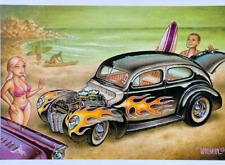 Signed Keith Weesner Poster Vtg 1940 Ford Sedan Surf Hot Rod Pin-up Bikini Beach