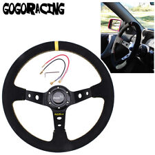 Universal 14 350mm 3 Deep Dish Steering Wheel Black Suede Yellow Center Stripe